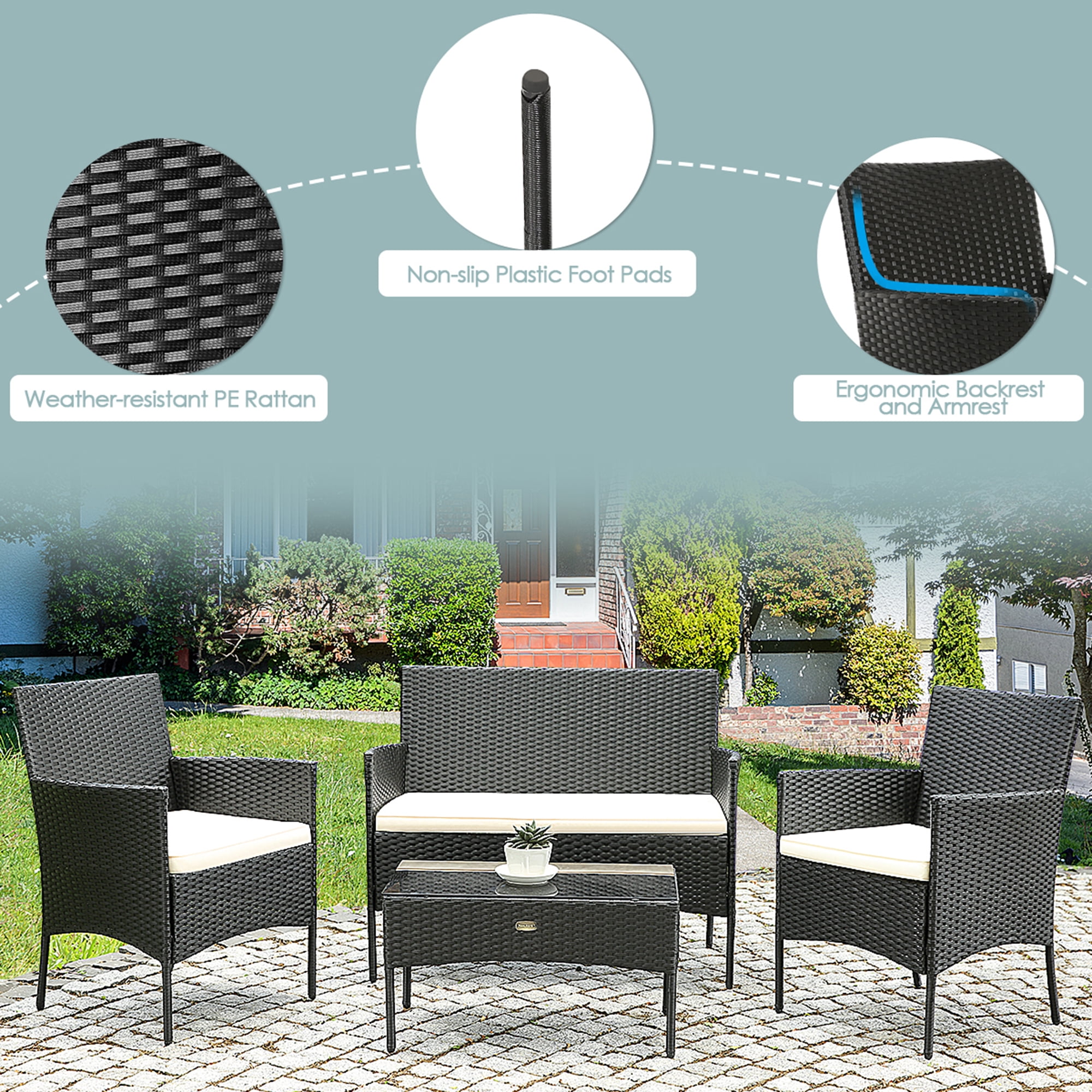 Gymax Fashion 4PCS Outdoor Furniture Set Patio Rattan Conversation Set w/ Beige Cushion