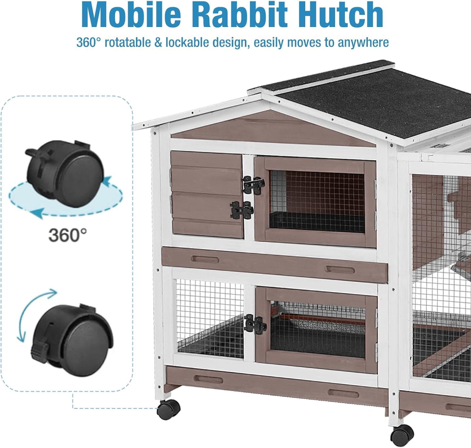 MEDEHOO Rabbit Hutch Indoor, 62’’ Bunny Hutch Outdoor, Mobile Rabbit House with Wheels, Wooden Bunny Cage with Leakproof Tray, Chew-Proof Ramp for Guinea Pig(Brown)