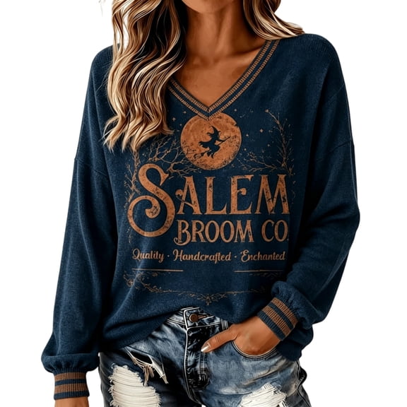 Oversized Sweatshirt for Women V Neck Long Sleeve Vintage Salem Broom Witch Graphic Pullover Loose Fit Casual Fall Halloween Festival Wear Blue XL