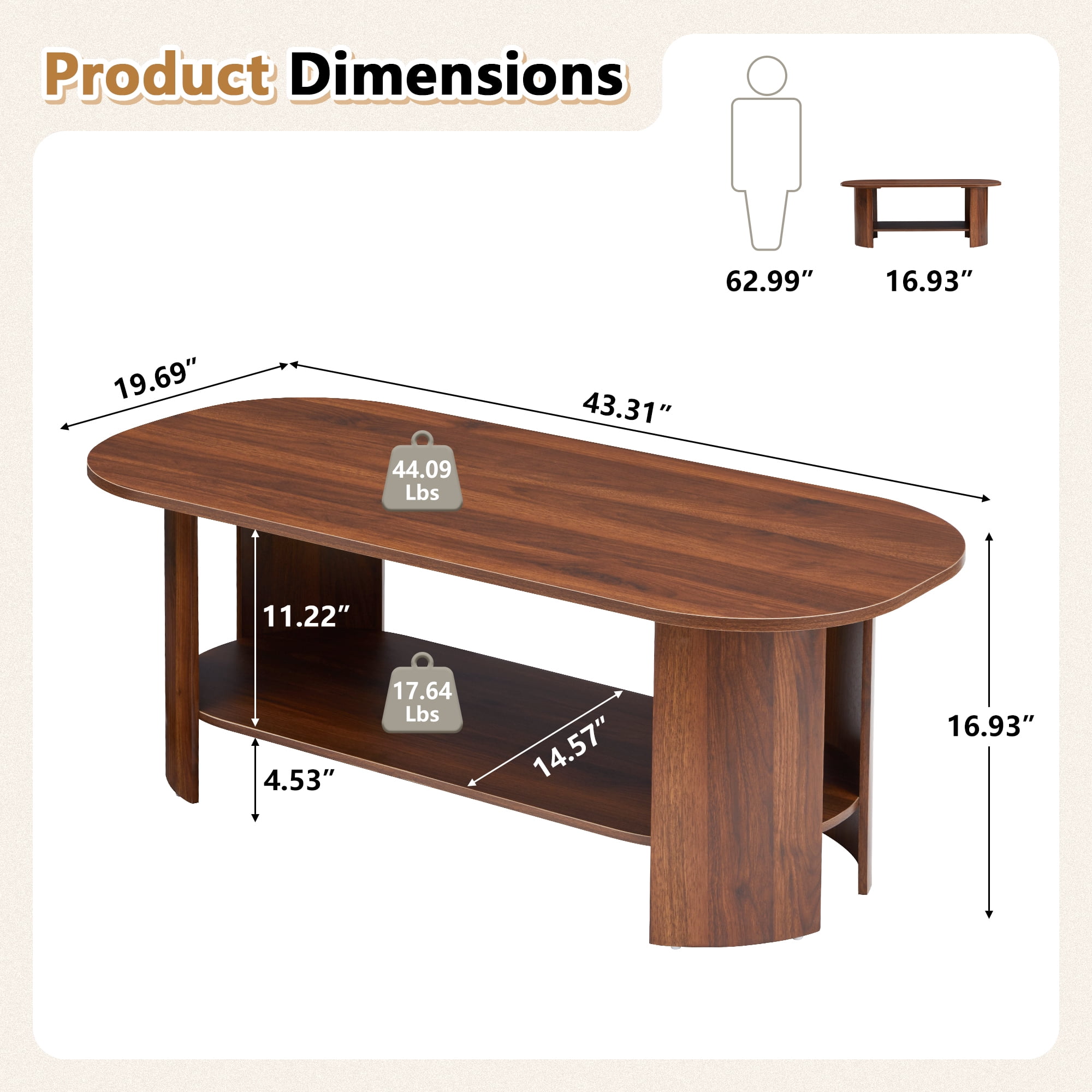 Wirrytor Oval Coffee Table with Storage Shelf, 2-Tier Modern Farmhouse Wood Center Table for Living Room, Rustic Brown