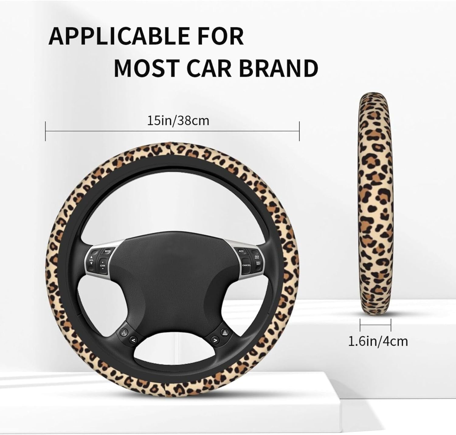 Leopard Cheetah Print Steering Wheel Cover - Universal 14-15 Inch Anti-Slip Breathable with 2pc Animal Print Matching Coasters Set for Men Women