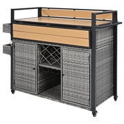 52.8" Wicker Outdoor Grill Cart with Extended Wood Table Top – Rolling Kitchen Island with Storage Cabinet for Patio & Poolside