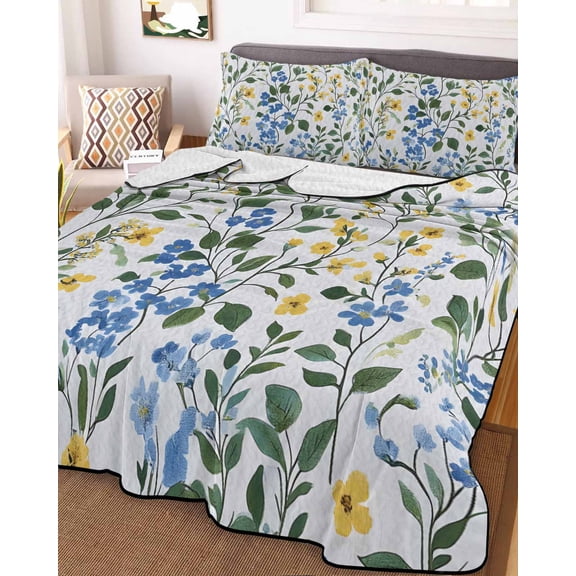 Blue Yellow Floral Spring Full Size Down Alternative Comforter,Lightweight Comforter Quilt Bedding Set with Pillow Shams Green Pastoral Summer Botanical All Seasons Bed Comforter Duvet Insert 78"x90"