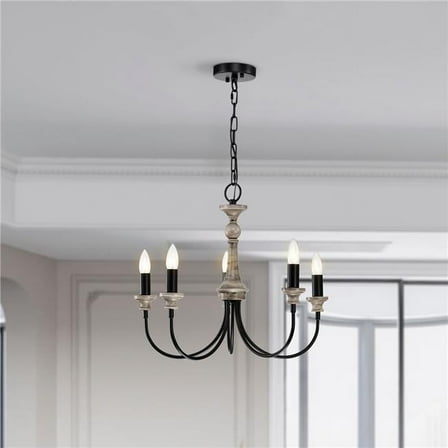 Yura 22 in. 5-Light Indoor Matte Black and Faux Wood Grain Finish Chandelier with Light Kit