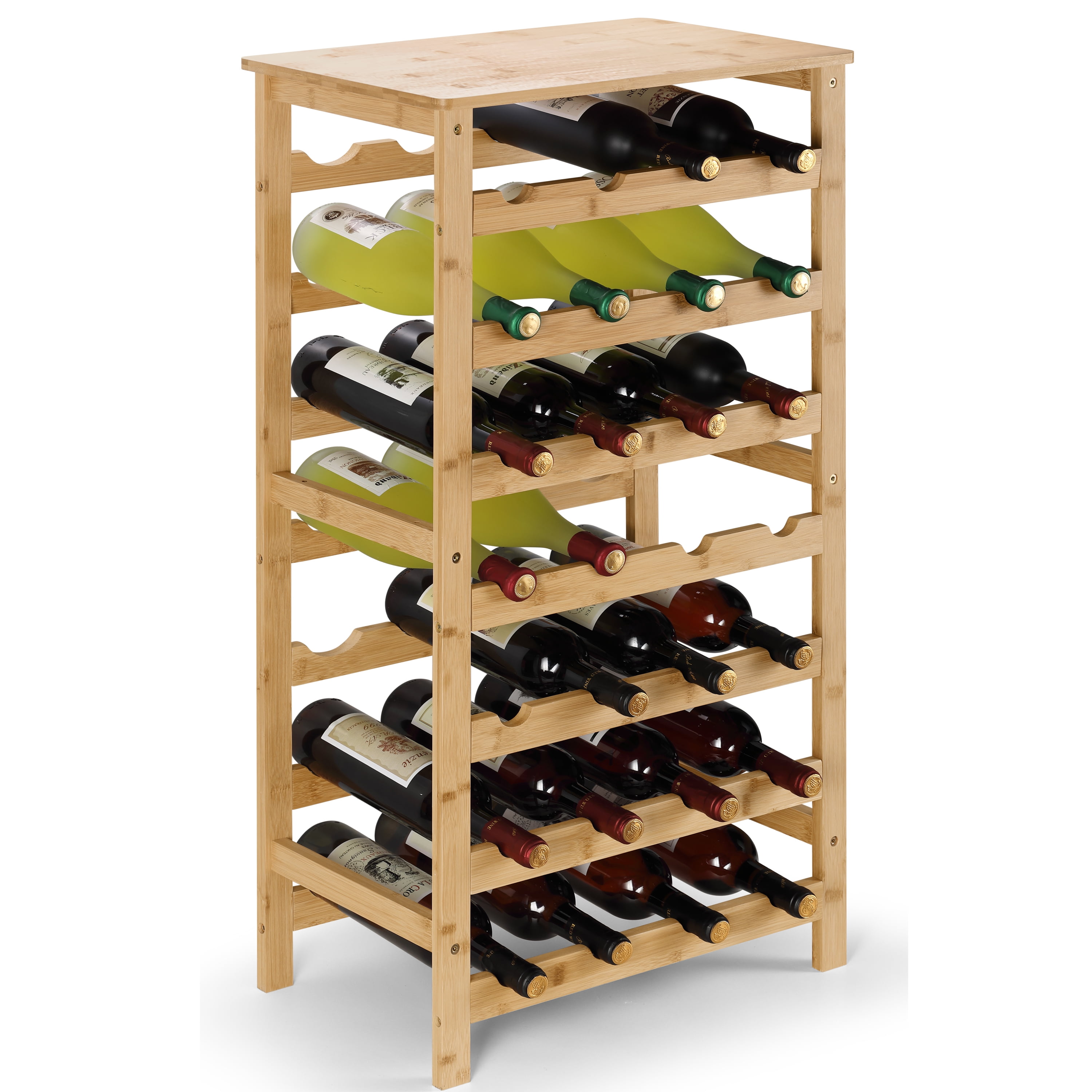 Kinsuite 7-Tiers Wine Rack for Storing 28 Bottles Free Standing Floor Bamboo Wine Storage Holder Display Shelves 