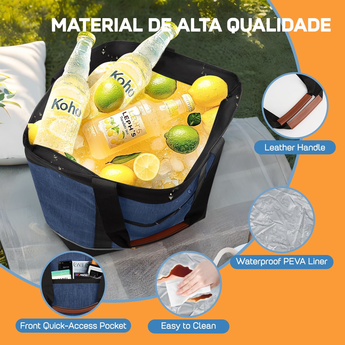 Large 38L Insulated Cooler Tote Bag with Front Pocket and Top Zipper, Collapsible Soft Cooler for Shopping, Beach, Camping, Work,BB1102 Navy