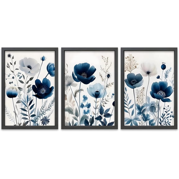 Wildflower Floral Green Botanical Wall Art Print 16"x11" Set of 3 flower Illustrations Minimalist Modern Boho Sign Wood Framed for Living Room Bedroom Office Abstract Wall Hang Decor (Wood)
