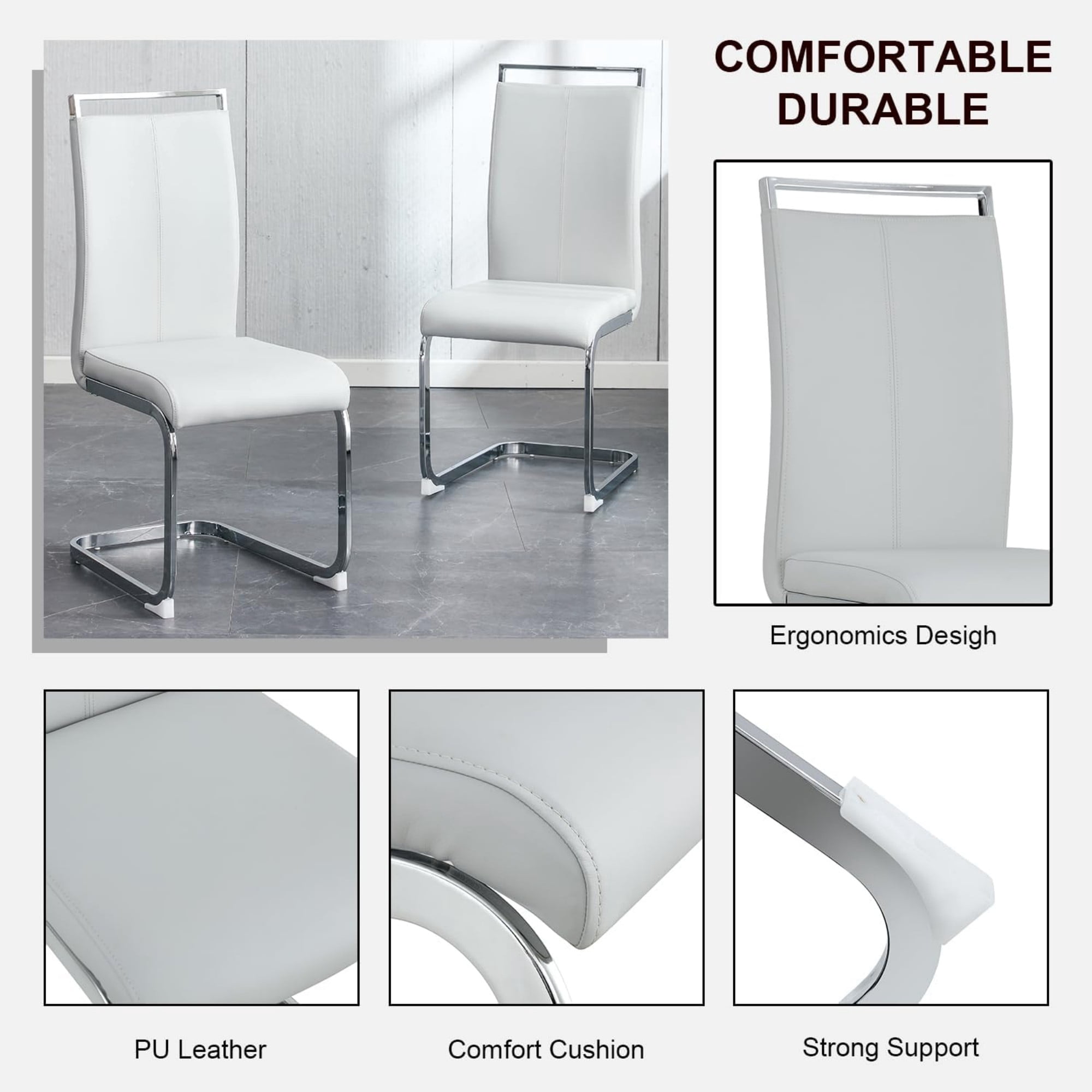 SUDICA Dining Chairs Set of 2, Light Gray PU Leather Upholstered Kitchen Chairs with Chrome Legs