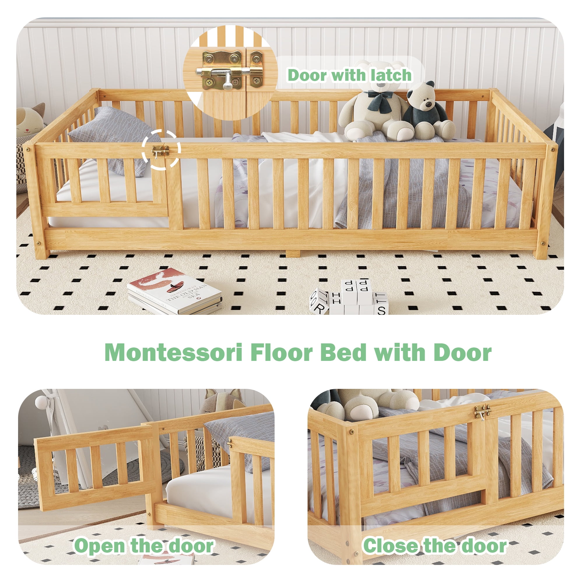 Bellemave Montessori Twin Size Solid Wood Floor Bed with Fence and Door, Twin Montessori Floor bed, Floor Bed Twin, Natural
