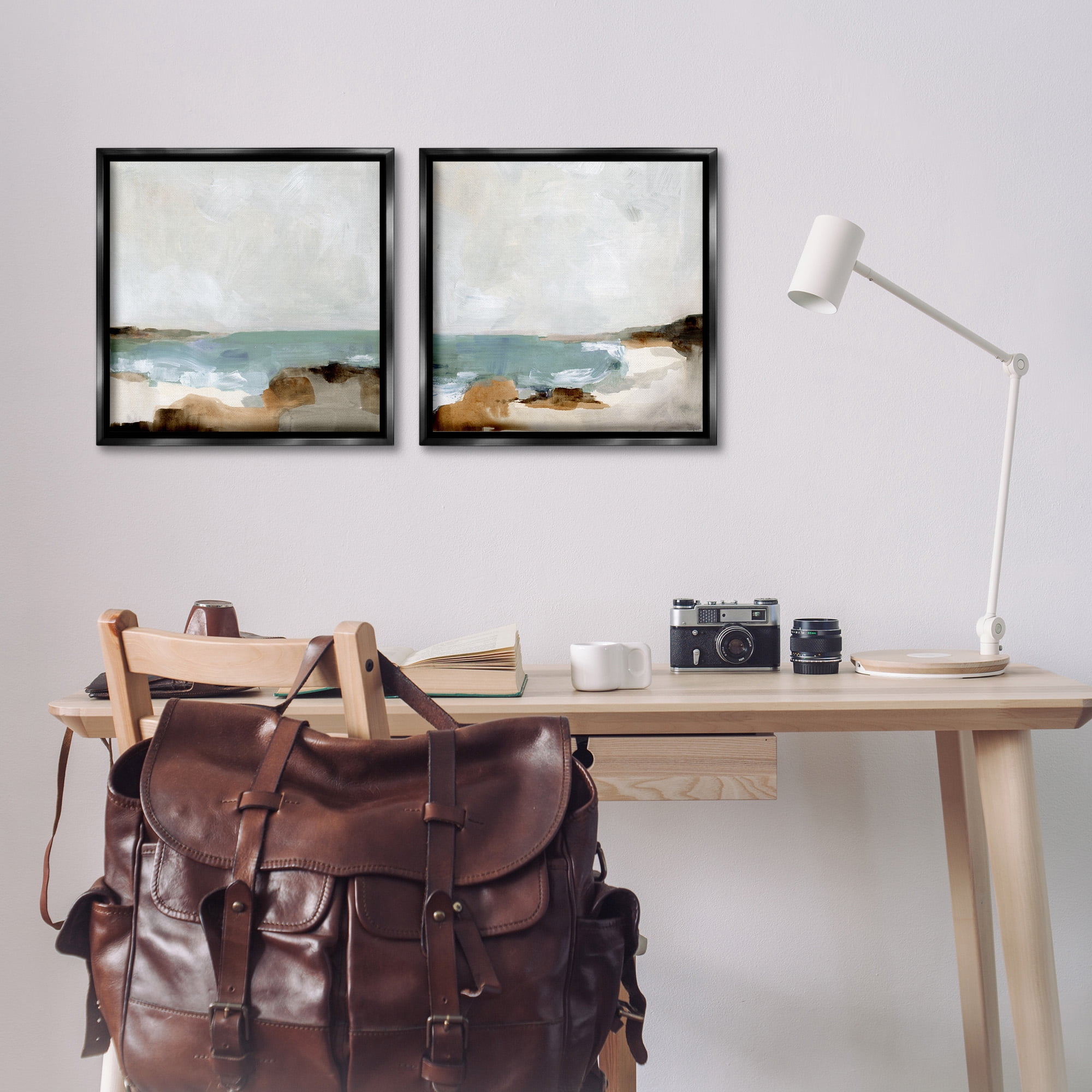 Stupell Industries Abstract Beach Cove Landscape Cliffs Nature Painting Black Floater Framed Canvas Art Print Wall Art, 18 x 18, Set of 2