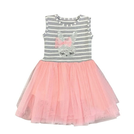 

EHTMSAK Infant Baby Toddler Child Children Kids Sleeveless Summer Dresses for Girls Tulle Tutu Sundress Striped Dress Pink 3Y-7Y 120