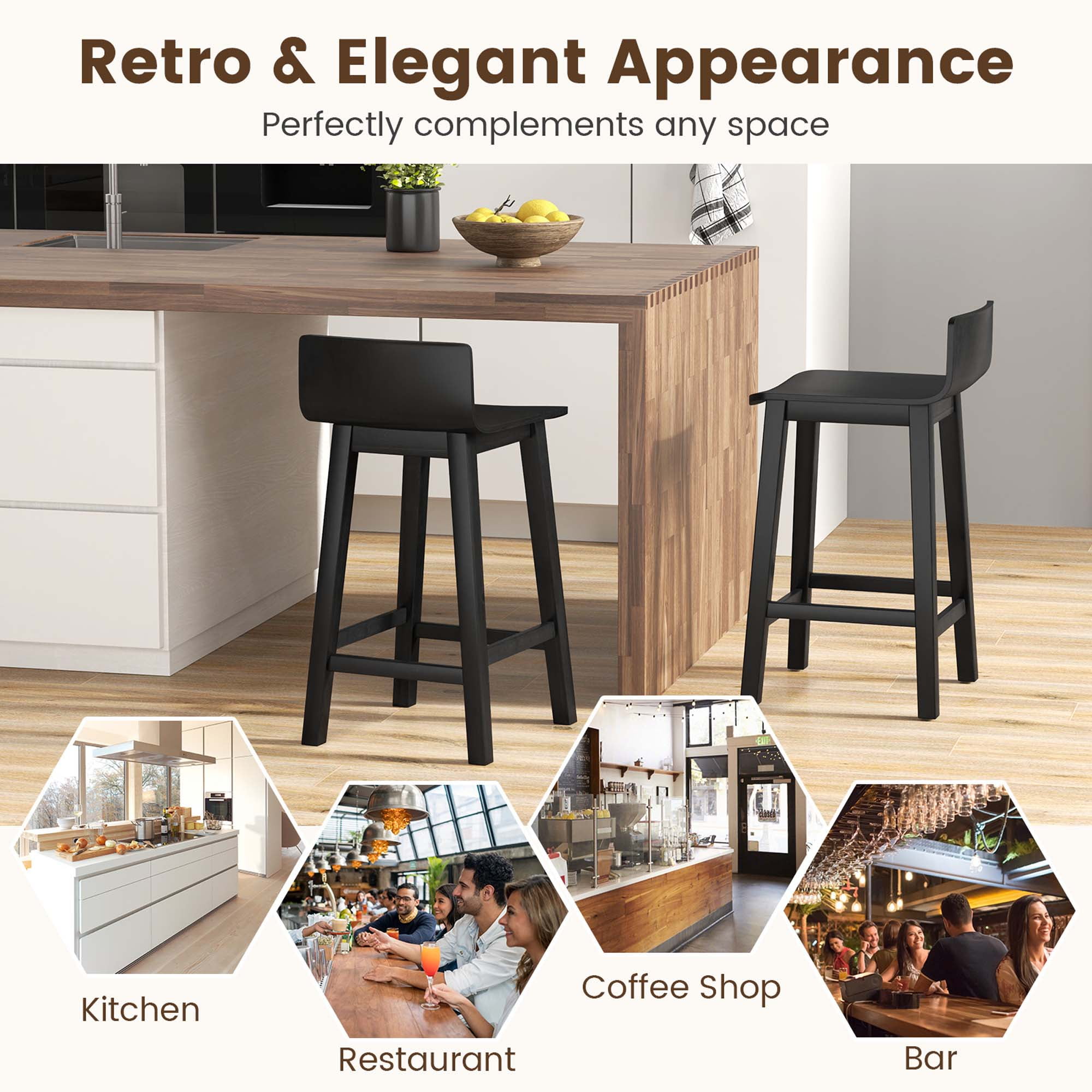 Costway 24.5" Wood Bar Stools Set of 2 with Solid Back & Seat Mid Century Bar Chairs Black