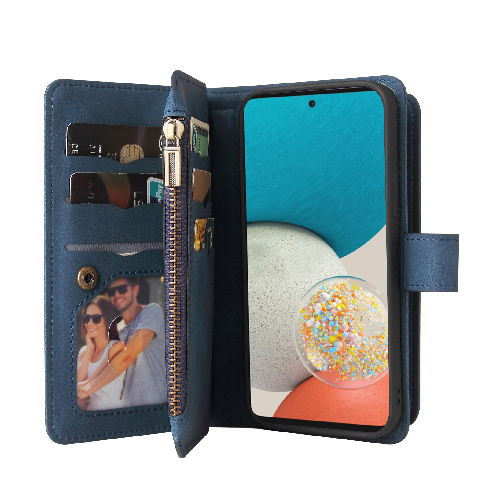 Phone Case for Samsung Galaxy A53 5G, Galaxy A53 5G Wallet Case, Luxury Folio Flip Leather Cover [Zipper Pocket] [Wrist Strap] [Kickstand] for Samsung Galaxy A53 5G 6.5 inch,Blue