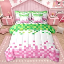 Homewish Games Gamepad Miners Twin Bedding Sets 7-Piece, Cartoon Pink Green Blocks Bedding Comforter Set, Teens Kids Boys Girls Reversible Sheet Sets, Super Cozy Room Decor