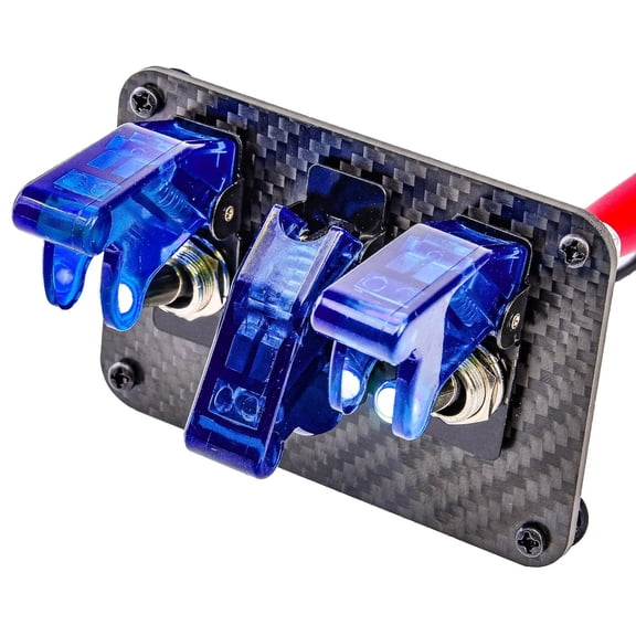 JEGS 3-Toggle Switch Panel with Switches [Blue Indicators, Carbon Fiber Panel]