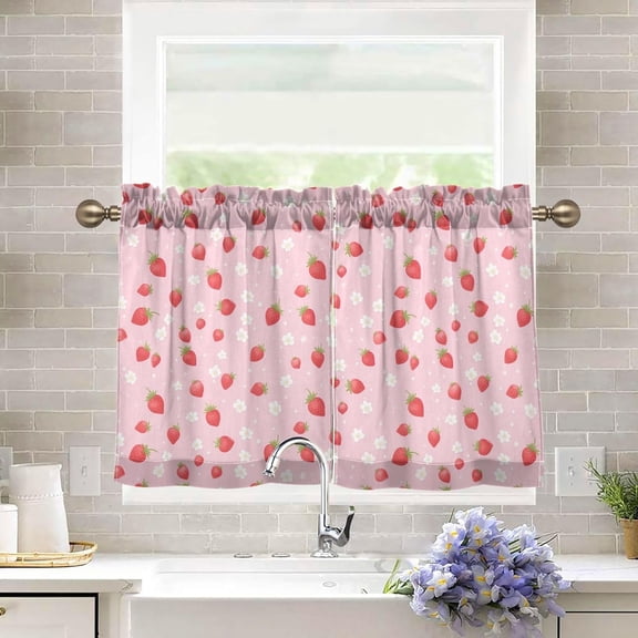 Kitchen Curtains Small Window Curtains 24 in Length Cute Strawberry Floral Pink Tier Curtains Rod Pocket Half Short Curtains Blackout Cafe Drapes for Bedroom Living Room Door