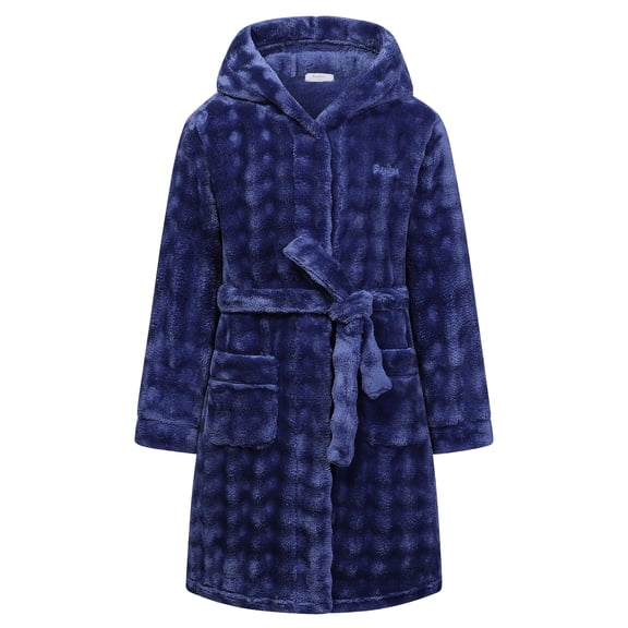 Kids Hooded Fleece Robe Plush Bubble Flannel Bathrobe Soft Warm Lightweight Bathrobe with Belt & Pockets for Boys Girls 4-15 Years