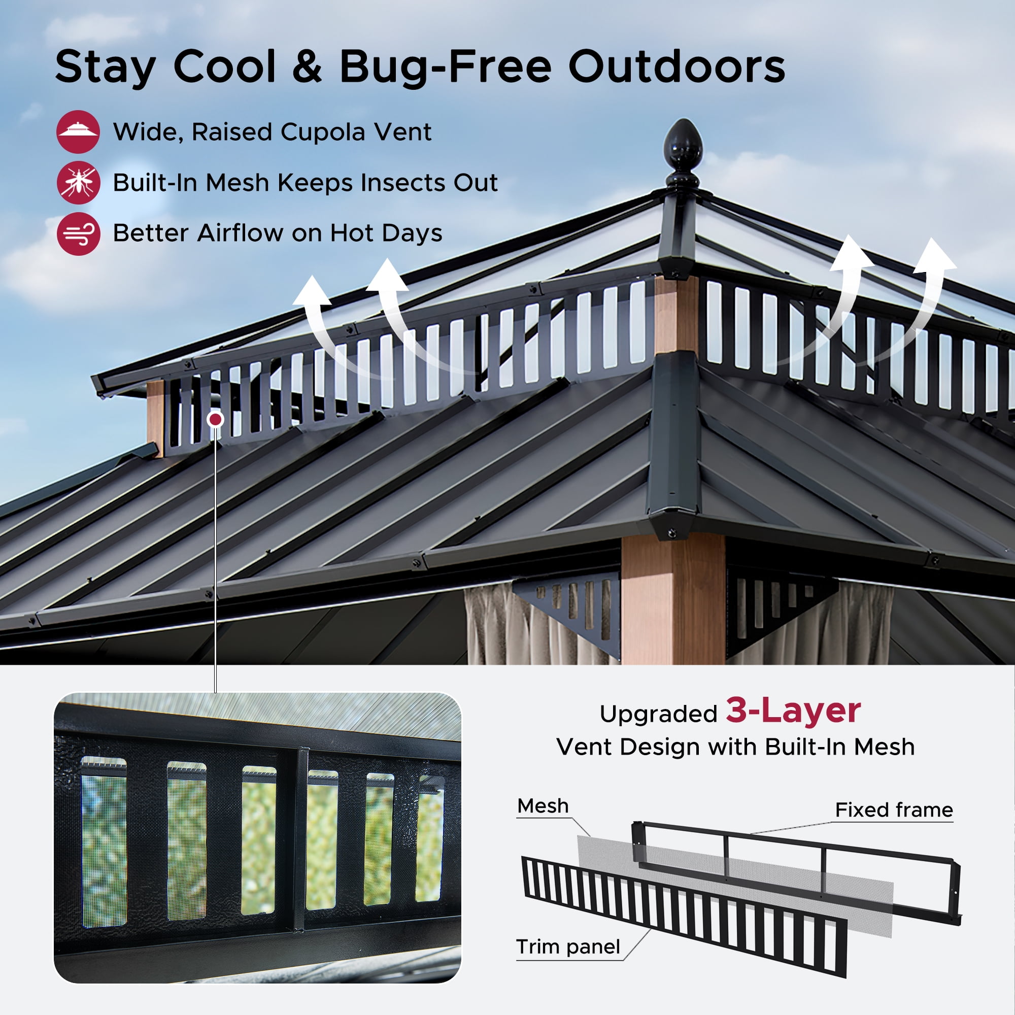 Sunjoy 12x12 Gazebo, Steel & PC Roof Hardtop Gazebo with Curtain and Netting,Kingston Series, Aluminum Posts