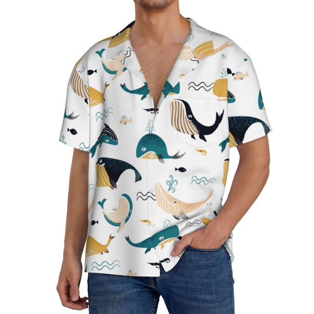 Fotbe Cute Whale Camisa Estampada de Manga Corta para Hombre, Casual de Verano, Estilo Playero, Sin Arrugas-Medium