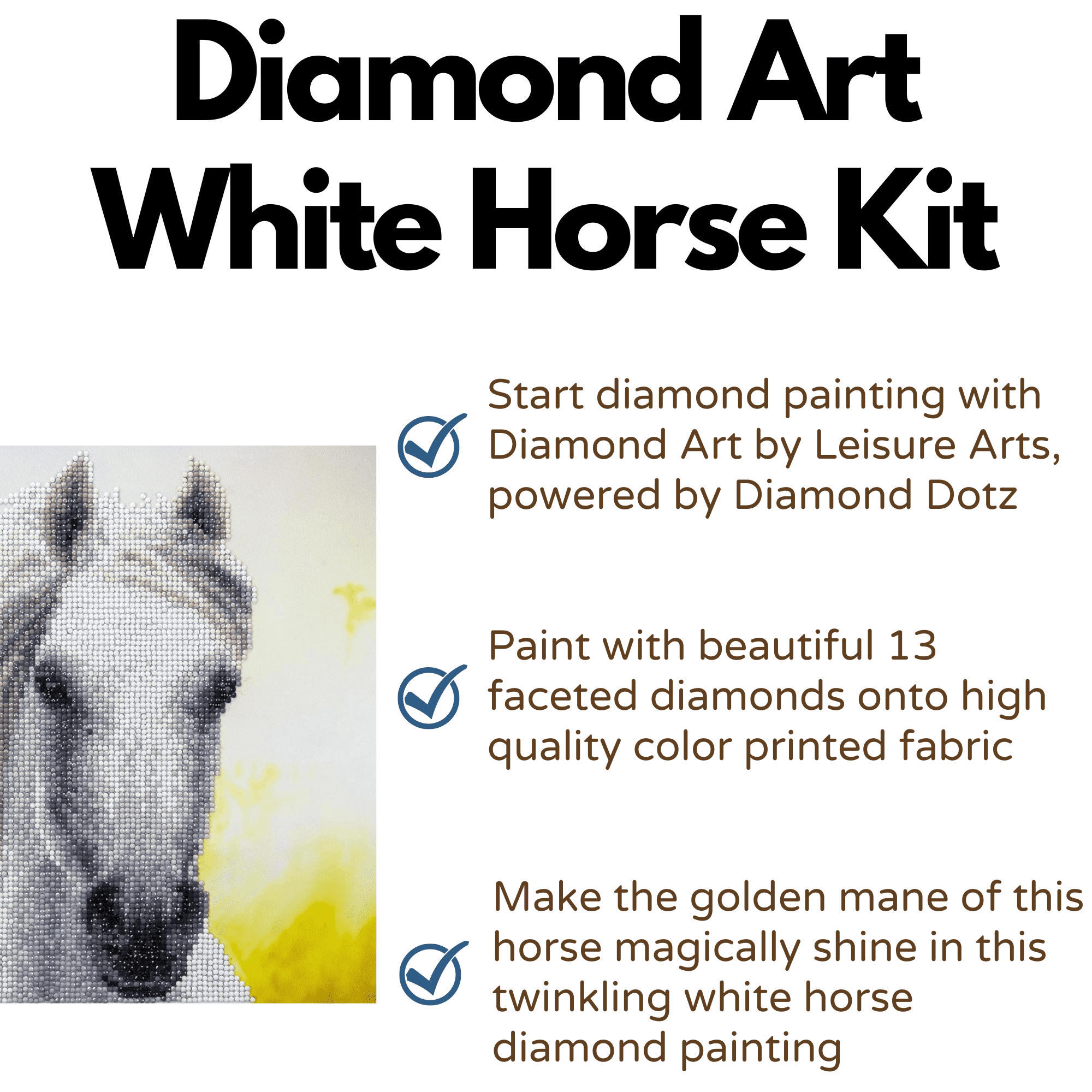 Diamond Art By Leisure Arts White Horse, 12"X12", Intermediate Diamond Painting Kits For Adults, Art For Adults, Kit, Painting