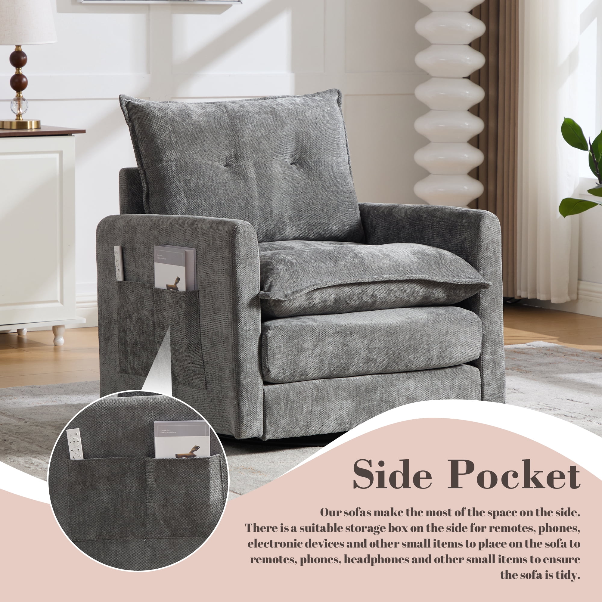 Leumius Swivel Accent Chair,Mid Century Modern Chenille Armchair with Thick Padded and Metal Base,Swivel Single Sofa Chair Barrel Reading Chair for Living Room Bedroom,Gray