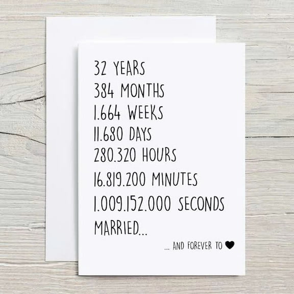 Anniversary Card – Celebrating 32 Years of Love – Unique Countdown Design – Perfect for Spouses, Couples – Blank Inside, Envelope Included