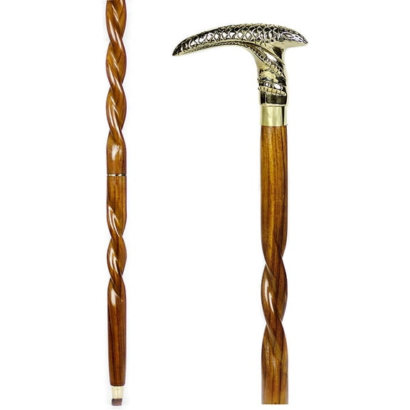 Nagina International Aluminum & Brass Decorative Rosewood Walking Cane | Full Size Walking-Stick for Men & Women (Spiral Wood, Brass Cobra)