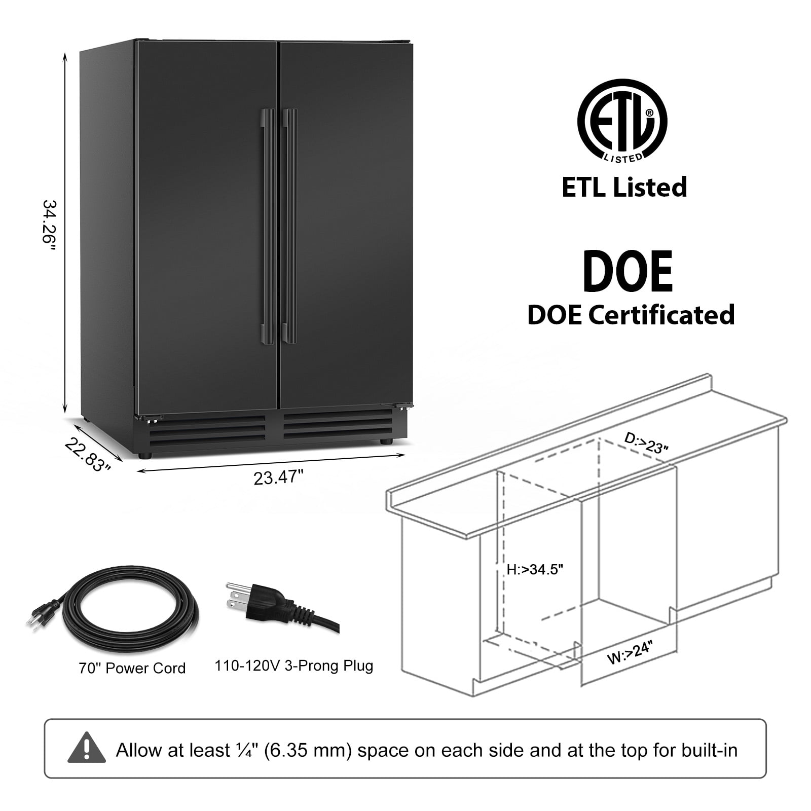 TITTLA Beverage Refrigerator,24 Inch Wide,Dual Zone 120 Cans Built in Wine Fridge Cooler,Double Stainless Steel Doors,Black