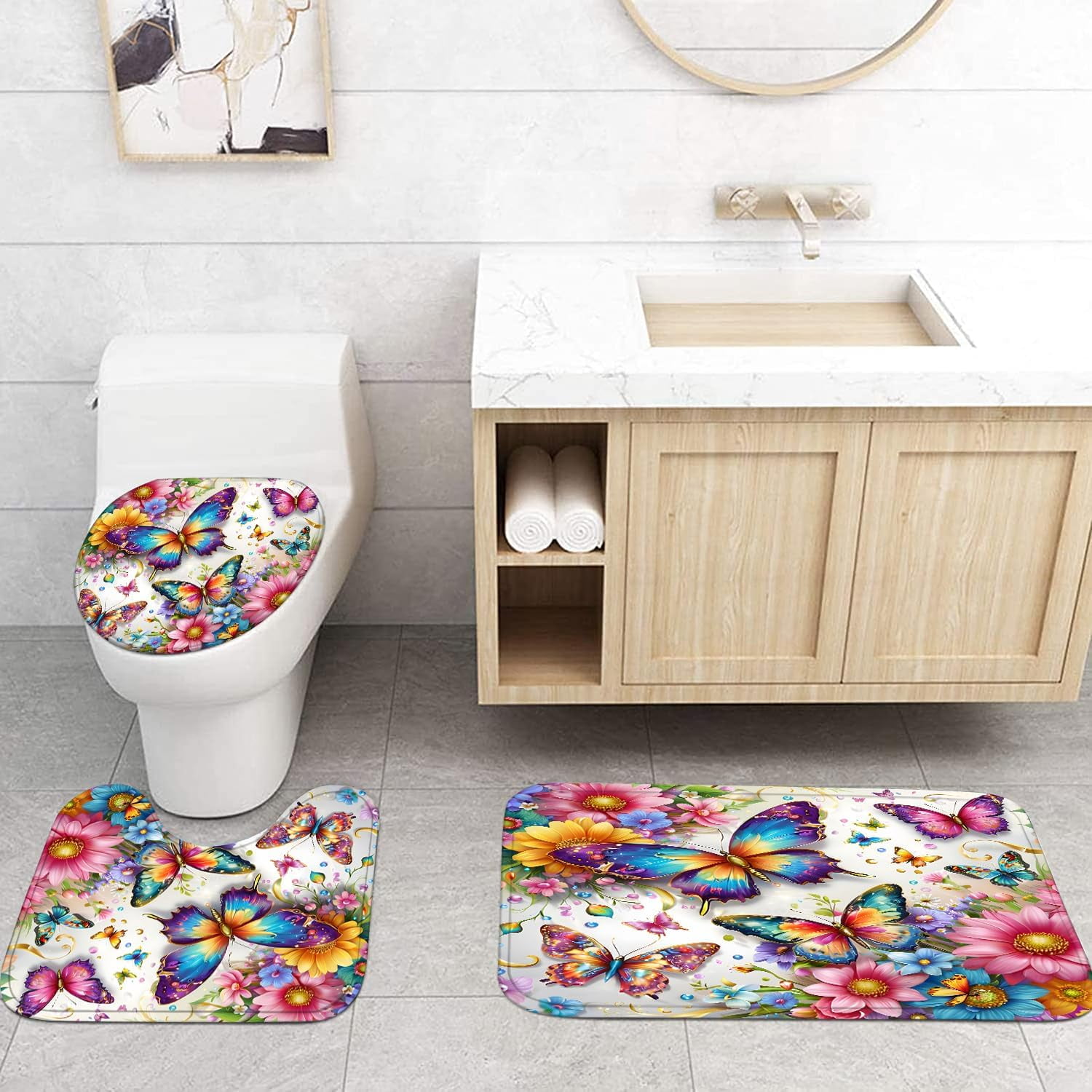 4Pcs Spring Themed Shower Curtain Set with Rugs Vintage Butterflies Bathroom Sets Floral Shower Curtain with 12 Hooks Bathroom Decor with Rugs Bath Accessories with Mats Toilet Lid Cover
