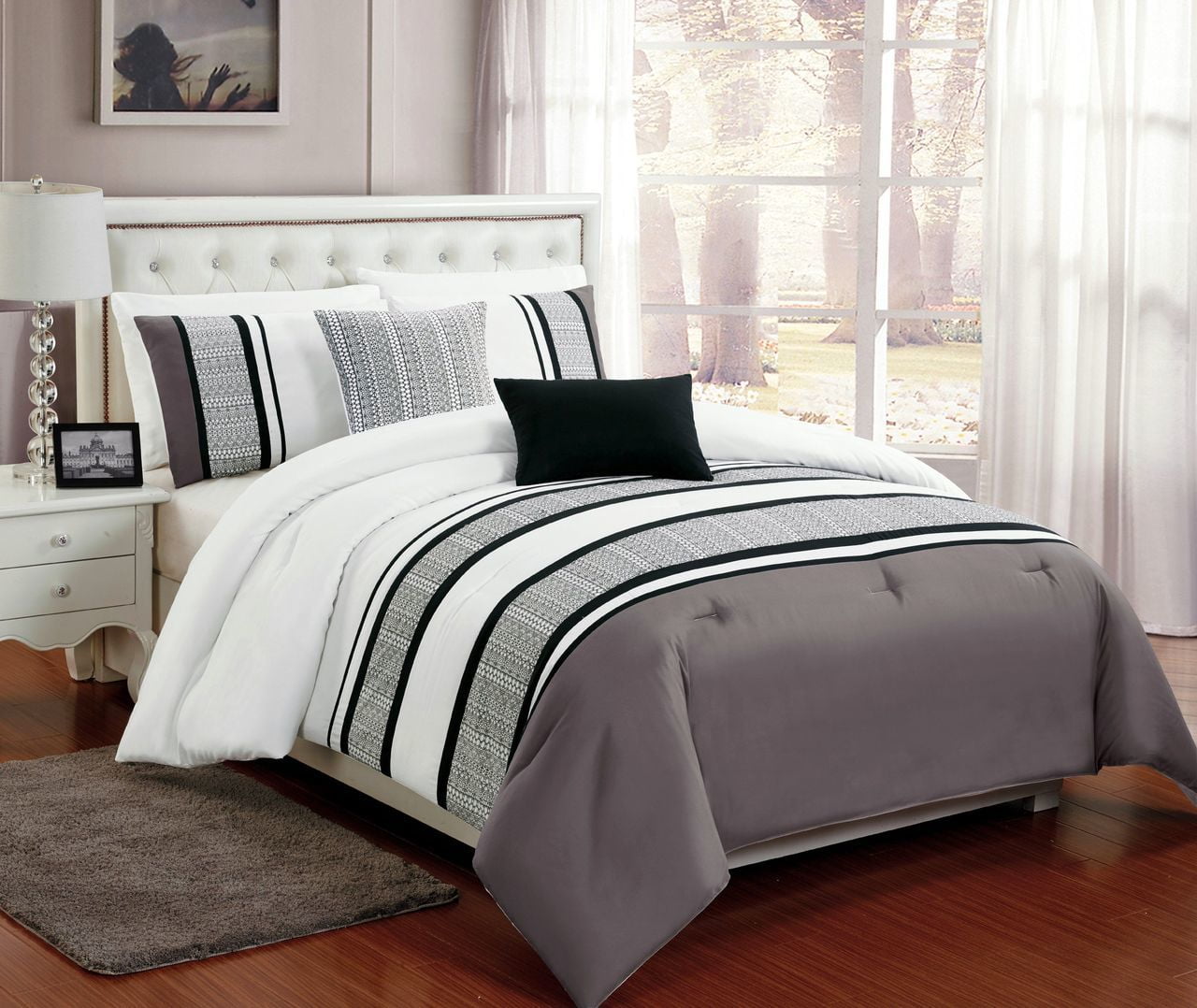 Beautiful 5 PC Grey , White and Black King Comforter ...