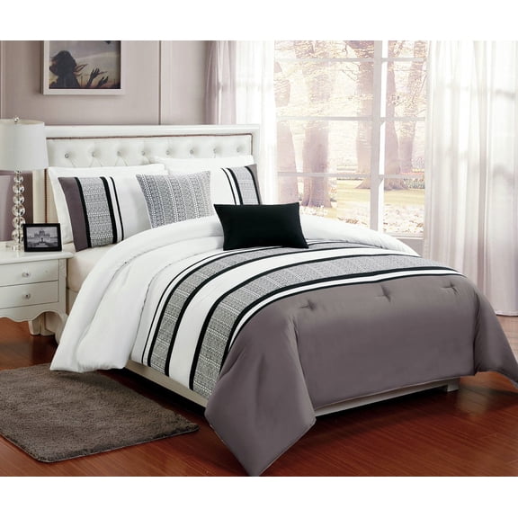 Beautiful 5 PC Grey , White and Black Comforter Bedding Set with Burnout Lace Design, Queen Size
