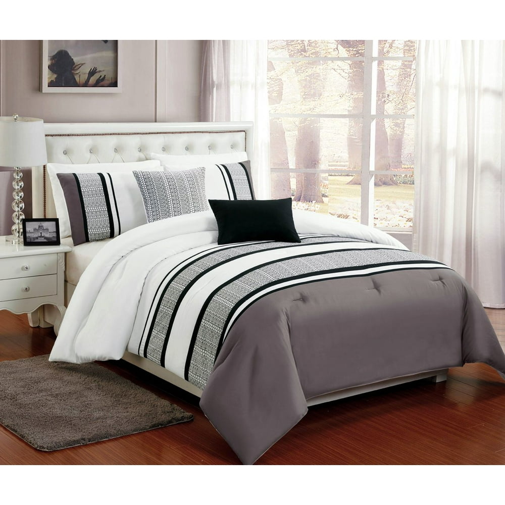 Beautiful 5 PC Grey , White and Black Comforter Bedding Set with