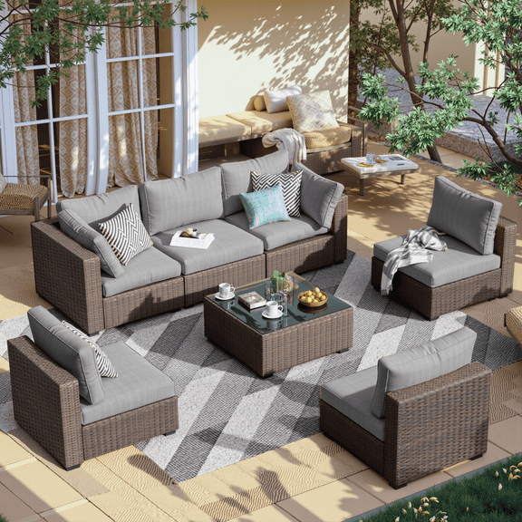 Gaildon 7 Patio Outdoor Furniture Wicker Sectional Sofa Couch Lawn Sectional Black Glass Table, Grey