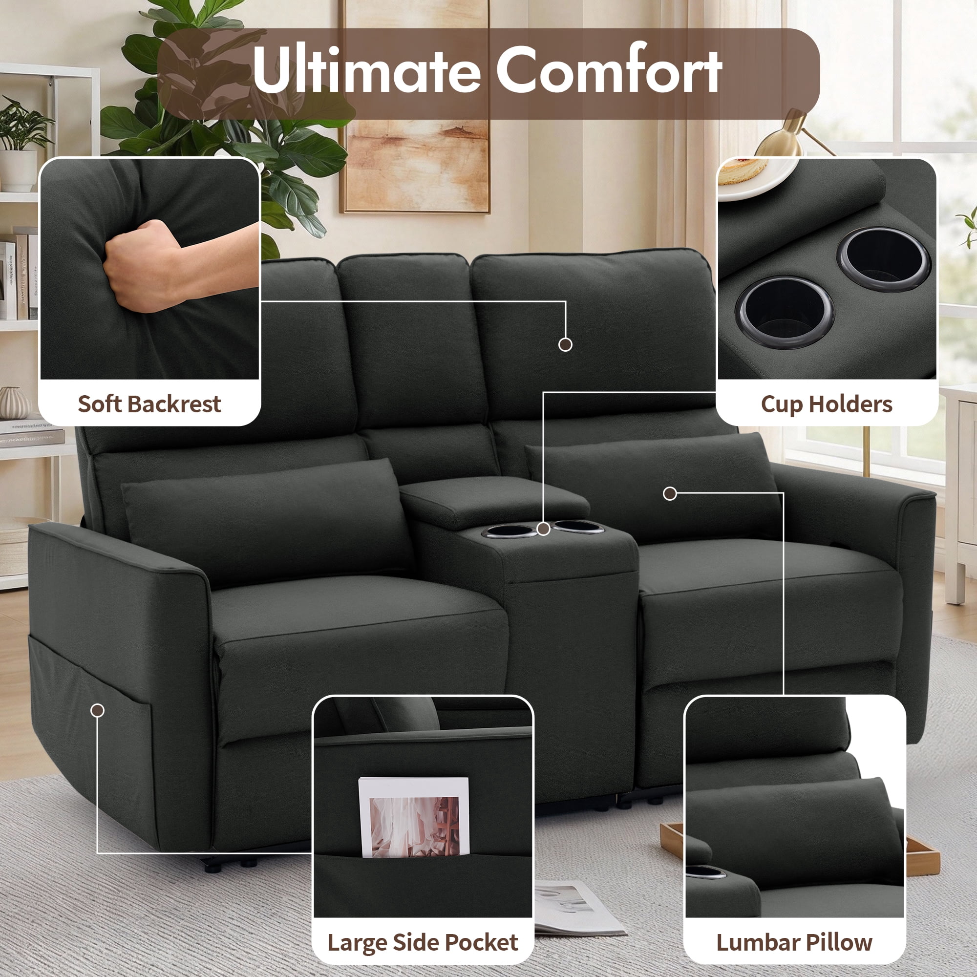 Korser 2-Seater Recliner Sofa with Pillow,Double Recliner Loveseat with Storage Console, Side Pockets, Cup Holders Manual Recliner Sofa for Living Room,Black