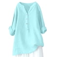 thumbnail image 4 of Blue Summer Shirts for Women 2024, Long Sleeve Womens Tops Dressy Casual, Linen Womens Work Blouses, Women's Loose Solid Color Standing Collar Button Breathable Cotton And Linen T Top, 4 of 4