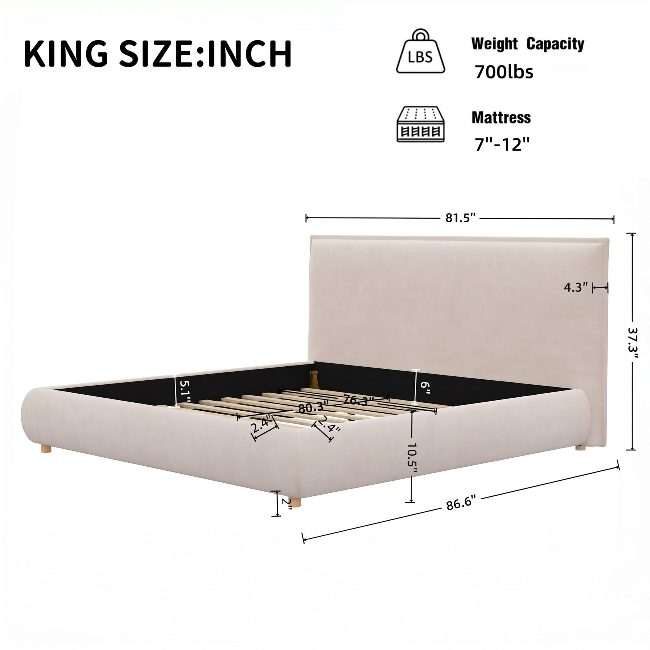 Christopher Knight Home King Velvet Upholstered Platform Bed with Thick Padded Headboard, Cream Beige