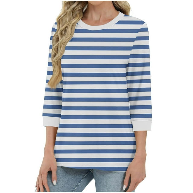 Fall Savings Horkkom 3/4 Length Sleeve Womens Tops Crew Neck Color Block Striped Shirt Fall Casual Tops S