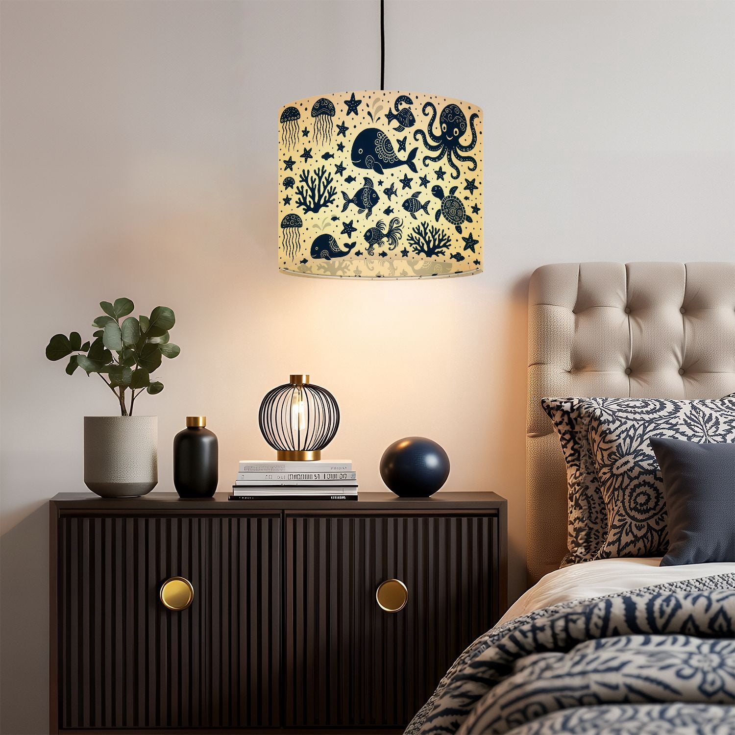 Linen Drum Lampshades Seamless sea underwater animals Cute cartoon jellyfish octopus 13"x13"x10" Light Shade for Table Lamps Floor Lamps Drum Lamp Shades Lampshade Replacement Assembly Required
