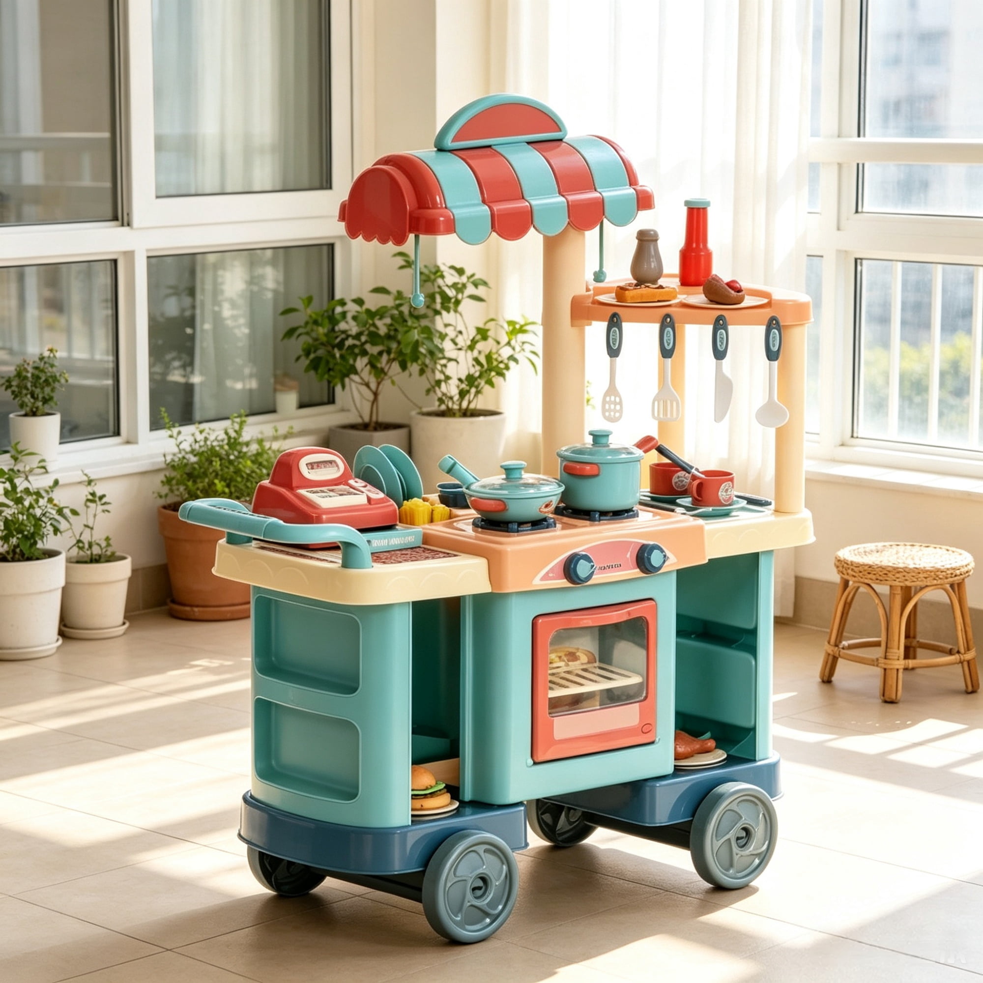 Kids Kitchen Food Stand with Play Food, Cashier Register, for 3-6Y Kids Grocery Store Pretend Play & Social Skill Training