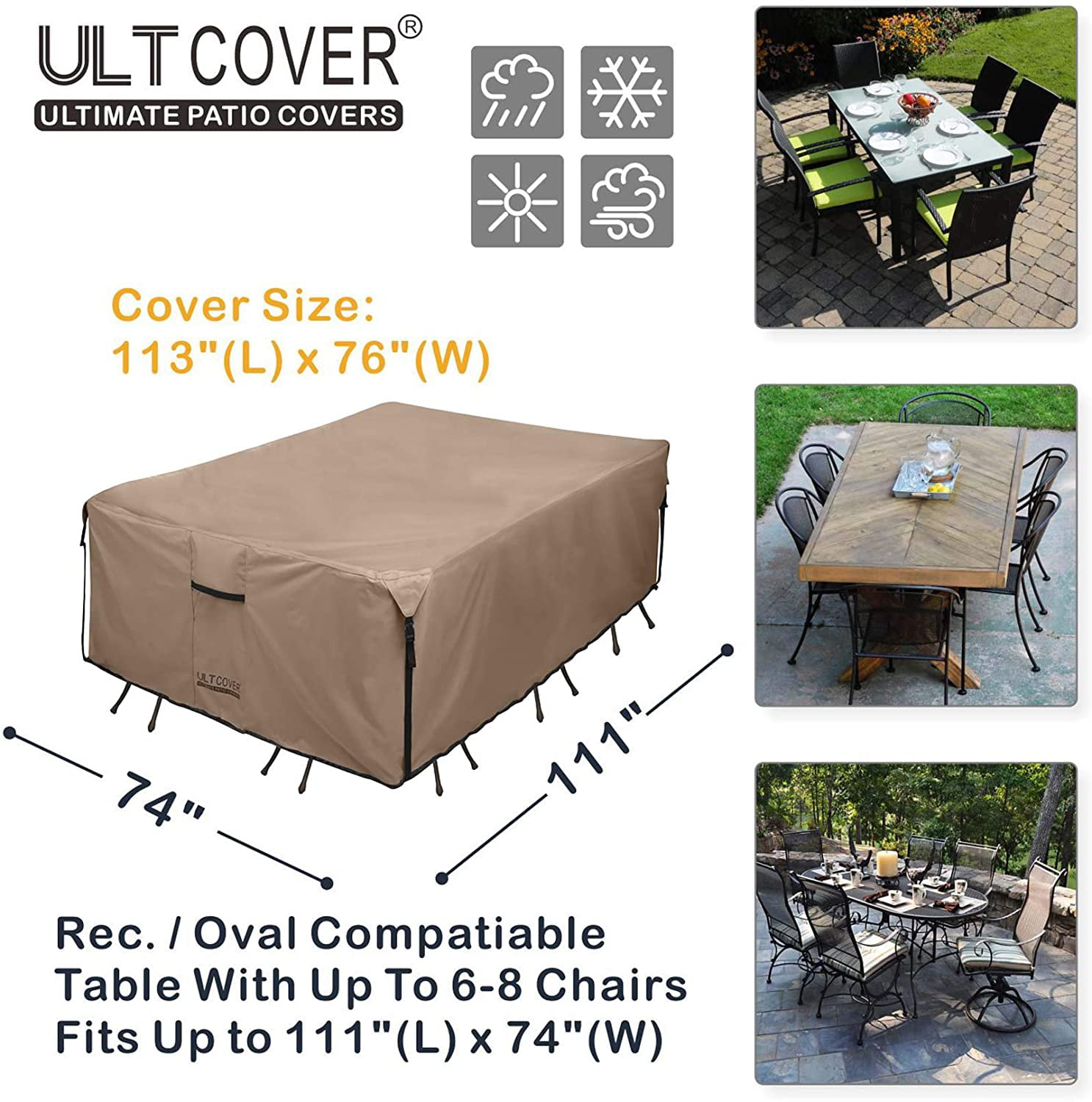 Waterproof 600D Heavy Duty Outdoor Table&Chair Set Cover w/Storage Bag Patio Rectangular Table Cover 74 Length x 48 Width x 28.01 Height Tear-Resistant Beige 