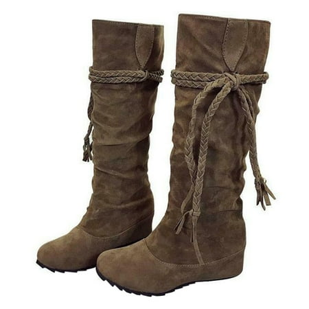 

Duretiony Tassel PU Leather Suede Womens Shoes Over The Knee High Boots Internal Height Increase