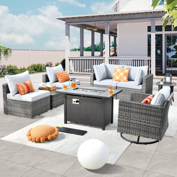 XIZZI 8 Pieces Outdoor Furniture Sectional Sofa Patio Set with Swivel Rocking Chair and Fire Pit Table,Grey