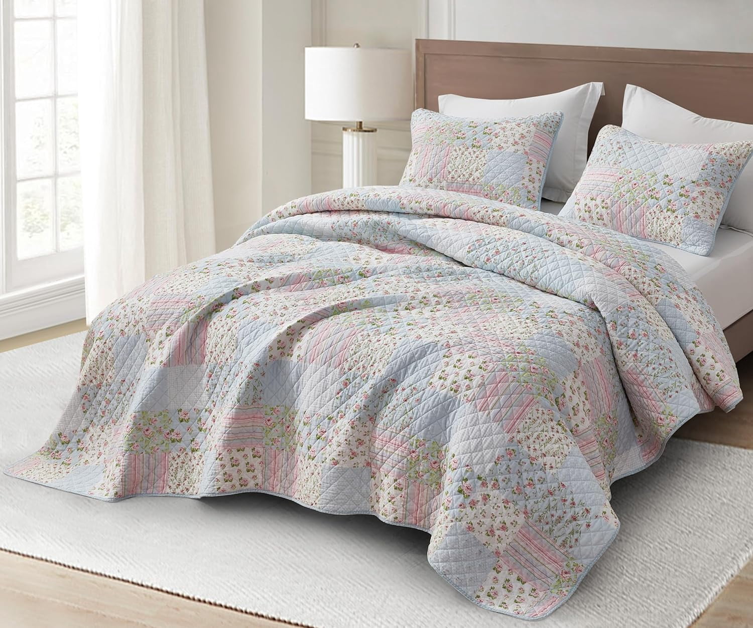 Chezmoi Collection Holly 2-Piece Stone-washed Cotton Quilt Set Twin Size - Printed Floral Patchwork Soft Breathable Lightweight Bedspread Set