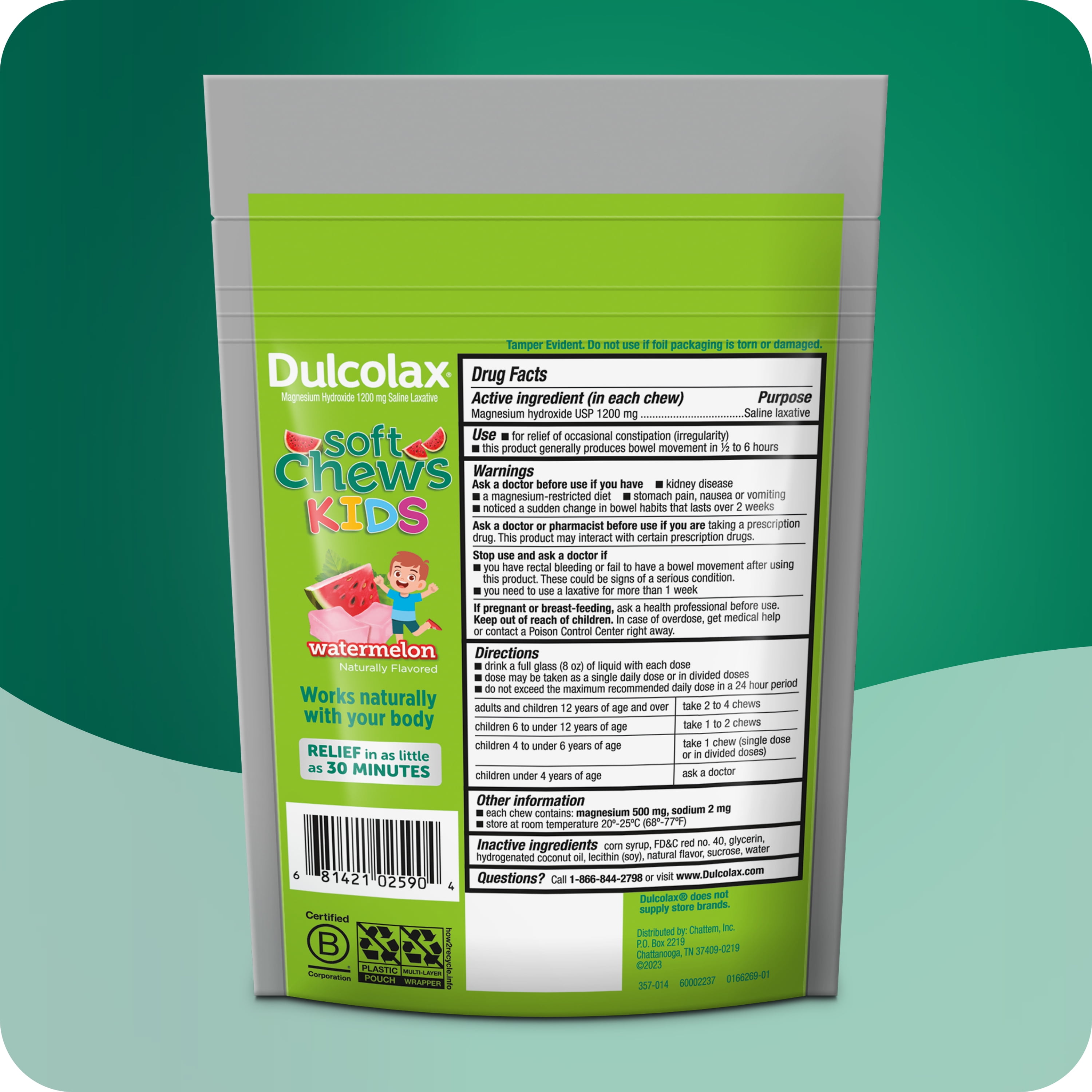 Dulcolax Kids Saline Laxative Soft Chews, Stimulant-Free Laxatives, Gentle Constipation Relief for Kids, Softens Stool, Watermelon Flavor, Magnesium Hydroxide 1200 mg, 15 Count