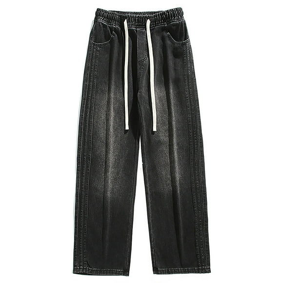 Men's Jeans Relaxed Fit Men's Vintage Washed Print Holes Jeans Splice Casual Breathable Denim Trousers Jeans Homme Black L