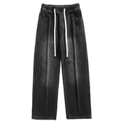 Men's Jeans Relaxed Fit Men's Vintage Washed Print Holes Jeans Splice Casual Breathable Denim Trousers Jeans Homme Black L