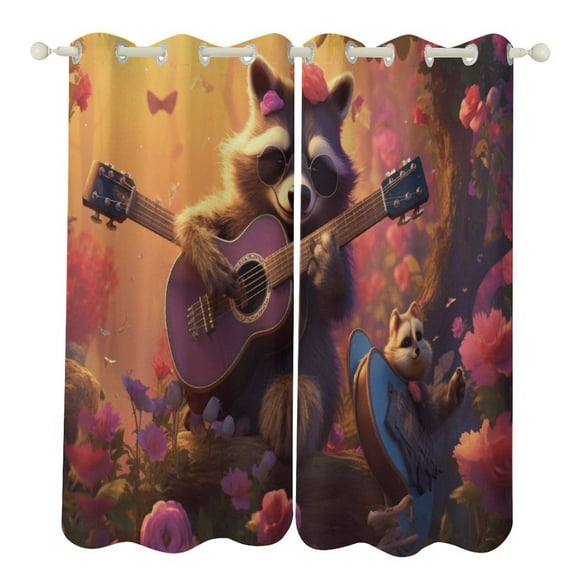 Blackout Curtains for Bedroom Raccoon Playing Guitar Full Room Darkening Grommet Curtains for Living Room,Thermal Insulated Ombre Drapes