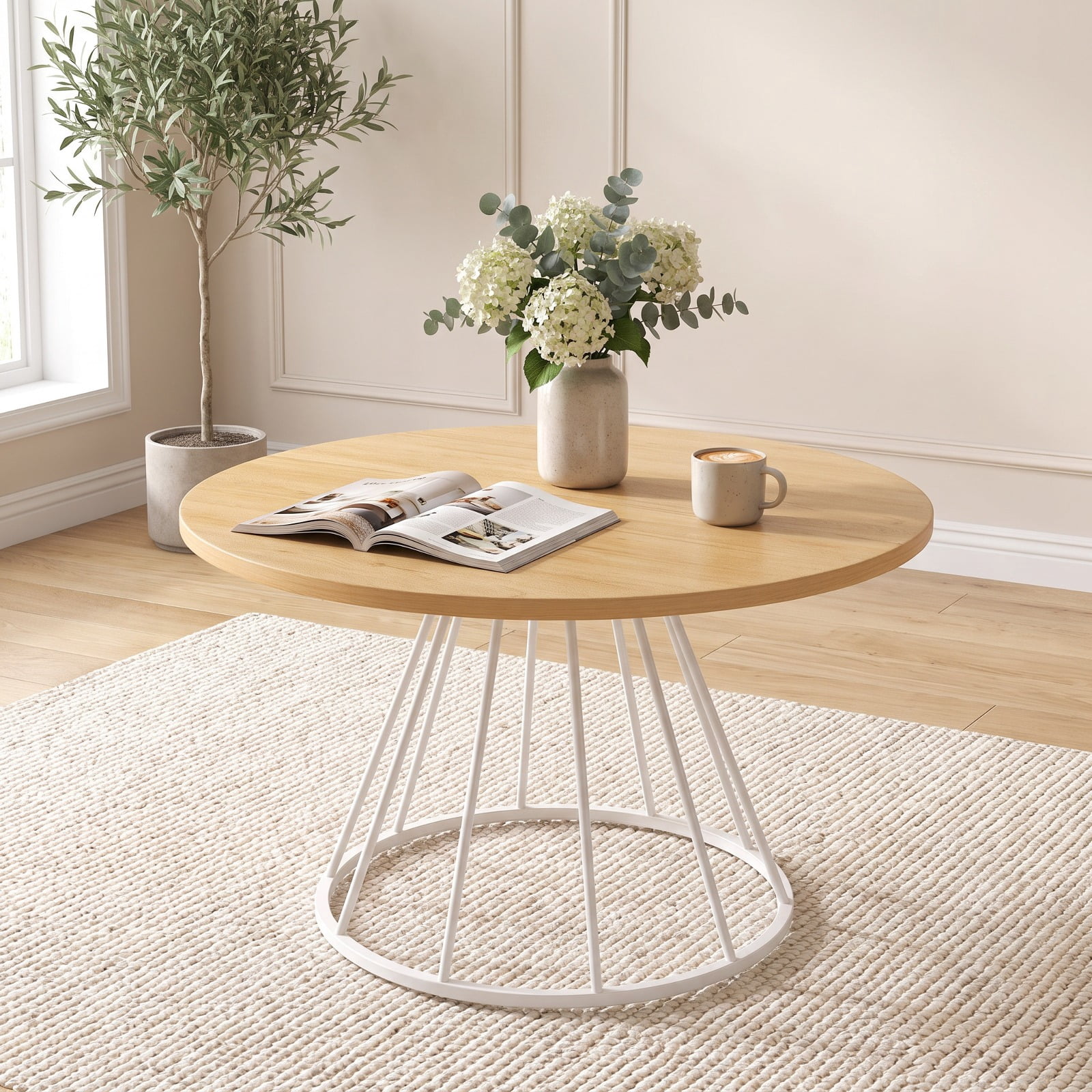 Furnibear 47 Inch Round Farmhouse Dining Table for 4 with Natural Wooden Tabletop