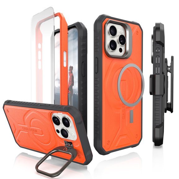 Caseborne Compatible with iPhone 15 Pro Max Protective Case - 5-Layer Construction, Compatible with MagSafe, Tempered Glass Screen Protector, Kickstand & Holster - Orange