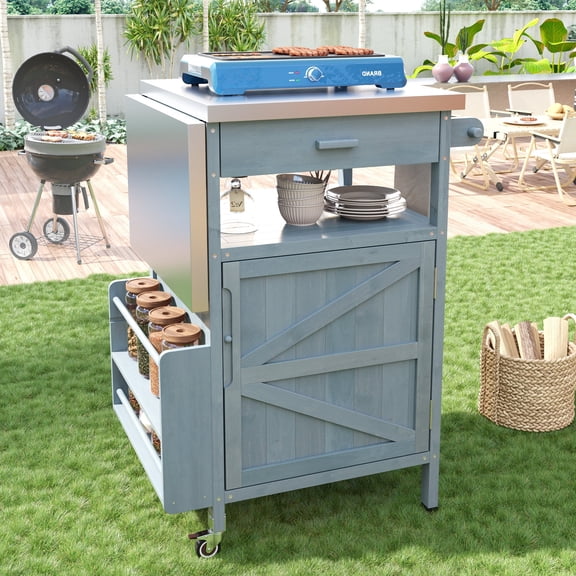 Oufan  Outdoor Kitchen Island w/ Stainless Steel Top, Wooden Grill Cart w/ Drop Leaf, Barn Door & Drawer, Spice Racks & Towel Rack, Bar Cart for Lawn